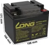 A black rechargeable sealed lead-acid battery with yellow branding and text labels, shown from a diagonal angle. Voir les images du produit