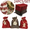 A collage of images showing Christmas advent calendar bags, some hanging on a staircase, and others stacked or displayed individually. Podgląd zdjęcia produktu
