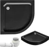 A black shower tray and a drain fitting are displayed against a white background. Produktbild-Vorschau