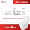 A technical drawing and a 3D render of a toilet are shown against a grid background, with branding and product name. Produktbild-Vorschau