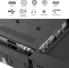 The back panel of a TV showing various ports and connectors, with an overlay of icons representing different input/output types. Produktbild-Vorschau