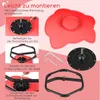 Collage of images showing the assembly steps for a red children's swivel chair. Produktbild-Vorschau