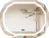 A modern bathroom mirror with integrated LED lighting, displaying a digital clock and temperature. Voir les images du produit