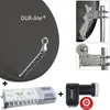 A collage of images showing a satellite dish, a satellite receiver, and a satellite LNB, along with close-ups of mounting hardware. Produktbild-Vorschau