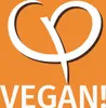 A white stylized heart-like shape with a line through it, on an orange background, with the word VEGAN! below it. Produktbild-Vorschau