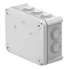 A white electrical junction box with multiple cable entry points and a lid. Produktbild-Vorschau