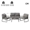 A diagram showing the dimensions of a garden lounge set, including a sofa, an armchair, and a coffee table. Anteprima dell’immagine prodotto
