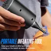 A person is holding a portable inflating tool and using it to inflate an orange object, possibly a beach ball or inflatable toy, outdoors. Podgląd zdjęcia produktu