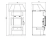 Technical drawings of a fireplace, showing front and side views with dimensions. Náhled obrázku produktu