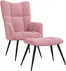 A pink velvet armchair and ottoman with black legs are shown against a white background. Voir les images du produit