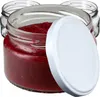 Three glass jars filled with red jam, one with a white lid. Podgląd zdjęcia produktu