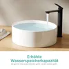 A white ceramic sink filled with water, with a black faucet pouring water into it. The sink is on a wooden countertop. Produktbild-Vorschau