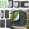 A collage of different sizes of grow tents, with one large tent shown in a greenhouse-like setting with plants inside. Voir les images du produit