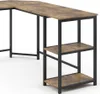 A close-up view of a corner desk with a rustic wood finish and black metal frame, showing the shelving unit. Anteprima dell’immagine prodotto
