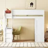 A white loft bed with a desk and storage unit underneath, set up in a child's room with a green chair and some stuffed animals. Voir les images du produit