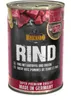 A can of dog food with images of beef, potatoes, and peas. Produktbild-Vorschau