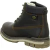 A side view of a brown leather boot with white fur lining. Voir les images du produit