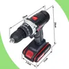 A cordless drill with measurement indicators shown against a white and green background. Produktbild-Vorschau