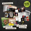 A collage of various game-related materials, including photos, documents, and a tablet screen, arranged on a dark background. Produktbild-Vorschau