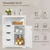 A white wooden bathroom cabinet with its door open, displaying various bathroom items and organizational features. Icons and text on the right side illustrate product uses. Produktbild-Vorschau