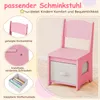 A pink children's chair with a storage drawer, shown with close-up details of its features. Náhled obrázku produktu