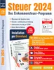 A product cover for tax software, showing the software title, features, and a sample tax form with Euro currency. Produktbild-Vorschau