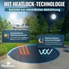 A solar cover for a round pool is shown in a garden setting, with graphics illustrating its heat-retaining properties. Produktbild-Vorschau