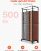 A rolling cart filled with folded chairs, with text highlighting its capacity and features. Voir les images du produit