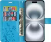 A blue flip case for a smartphone, open to reveal card slots and a bill compartment, with a smartphone screen displayed. Produktbild-Vorschau