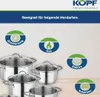 A marketing image showing a set of stainless steel pots and pans with icons indicating compatibility with different stovetops. Produktbild-Vorschau