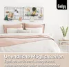 A bedroom scene with a bed and a wall grid decorated with photos and small items. Produktbild-Vorschau