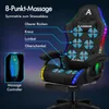 A gaming chair with massage and RGB lighting features is shown, with informational text and diagrams. Podgląd zdjęcia produktu
