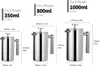 Collage of three stainless steel French press coffee makers of different sizes, with dimensions and capacities labeled. Produktbild-Vorschau