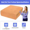 A woman points to a fitted sheet on a white background, with feature icons below. Produktbild-Vorschau