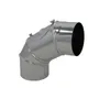 A shiny metal pipe fitting that bends at a 90-degree angle, isolated on a white background. Produktbild-Vorschau
