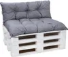 A gray cushion set for a pallet sofa, placed on a white pallet base. Produktbild-Vorschau