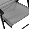 A close-up view of the seat and armrest of a black folding chair with a mesh fabric. Produktbild-Vorschau