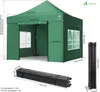 A green pop-up tent with dimensions and accessories shown. Produktbild-Vorschau