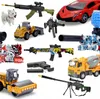 A collage of various toy weapons and vehicles, including toy guns, a toy car, a toy bulldozer, a toy cement mixer, and a toy steamroller. Podgląd zdjęcia produktu