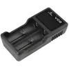 A black battery charger with two slots and a small screen. Anteprima dell’immagine prodotto