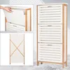 A collage of images showing a white and wood shoe cabinet with three slatted doors, one image showing a hand opening a door, and another showing the cabinet from the front. Produktbild-Vorschau