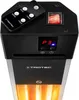 Close-up top view of a black and silver infrared heater with a remote control and digital display. Produktbild-Vorschau