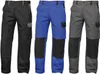 Three pairs of work pants in different colors displayed side-by-side. Podgląd zdjęcia produktu