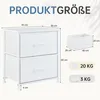 A diagram showing the dimensions of a white dresser with two drawers, along with a separate drawer and weight indicators. Produktbild-Vorschau