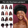 Schwarze Satinhaube, getragen von einer lächelnden Frau, neben einem Diagramm, das verschiedene Haartypen veranschaulicht Anteprima dell’immagine prodotto