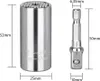 A product shot of a universal socket and a socket adapter with dimensions indicated. Produktbild-Vorschau
