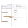 A white metal loft bed with a desk and shelves, shown against a white background. Náhled obrázku produktu