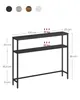 This image shows a narrow console table with dimensions and weight capacities indicated, alongside color options for the table. Náhled obrázku produktu