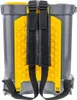 The back of a gray and yellow backpack sprayer with black straps. Produktbild-Vorschau