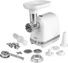 A white meat grinder with various accessories laid out around it on a white background. Anteprima dell’immagine prodotto